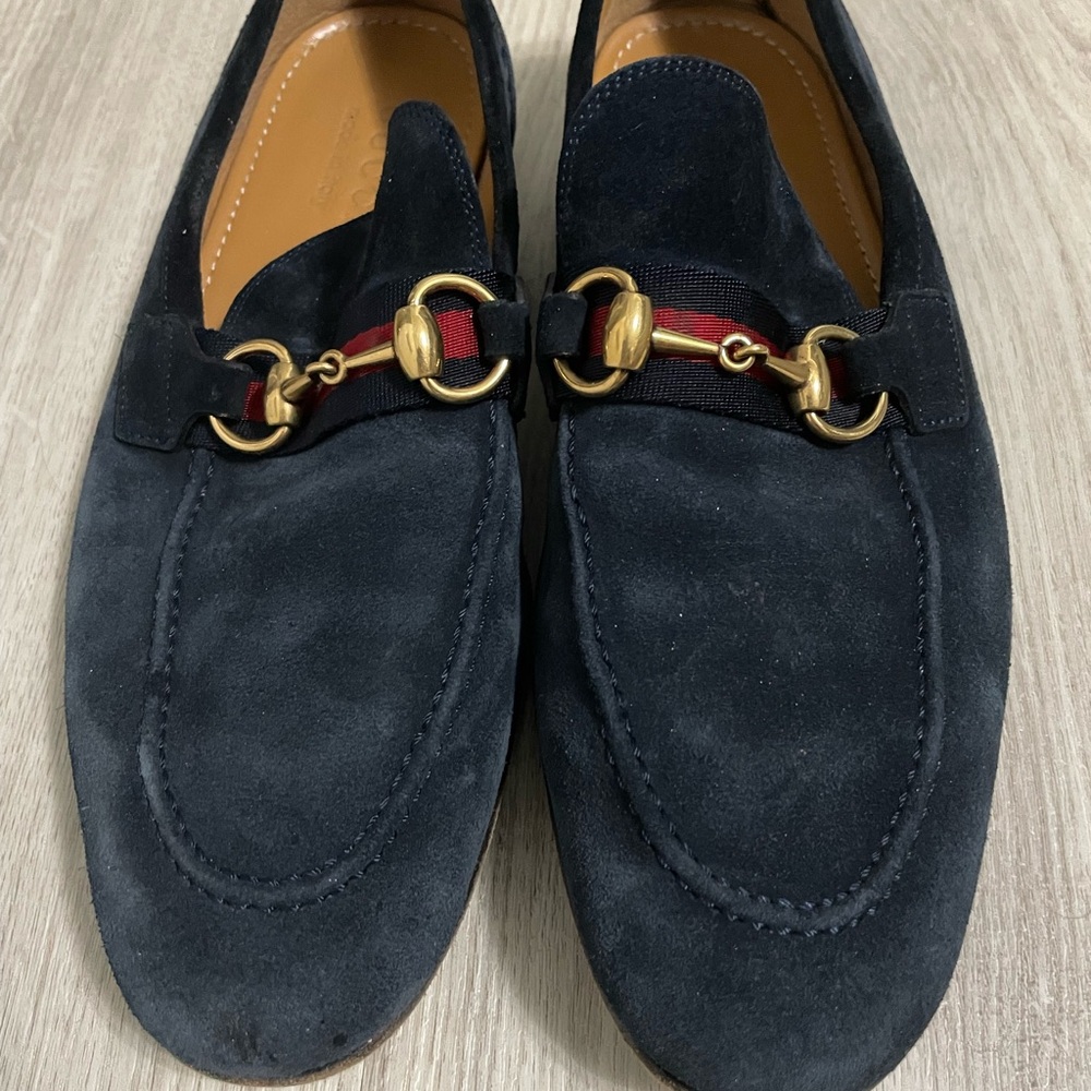 Authentic Gucci Web Gold Horsebit Blue Suede sz 5 Loafers Fits 9-9.5” Read Below